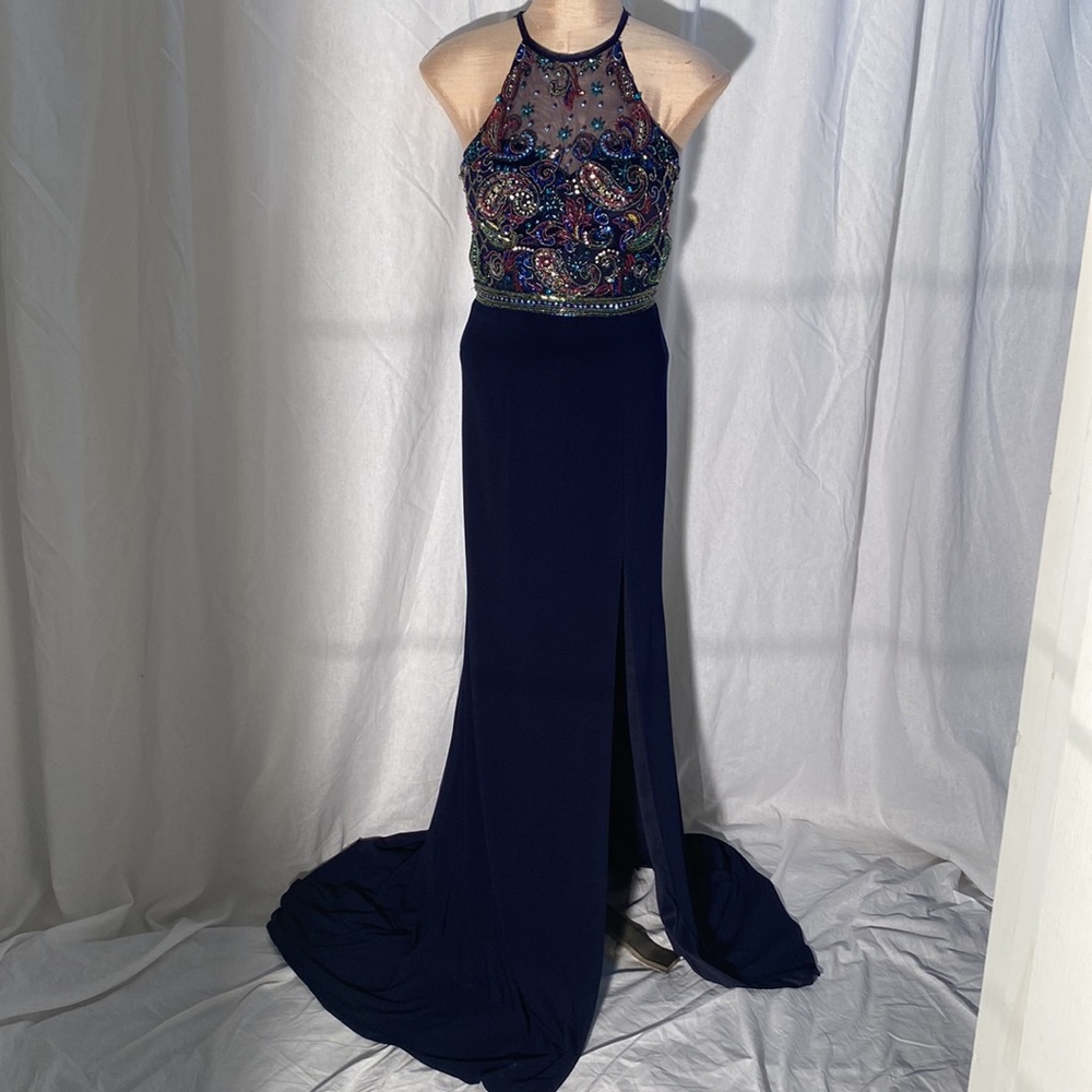 Sherri Hill Navy, Multicolor Beaded Gown with split. Size 2. No alterations.